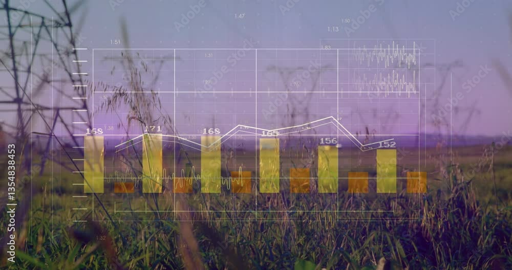 Poster bar and line graph animation over grassy field at sunset