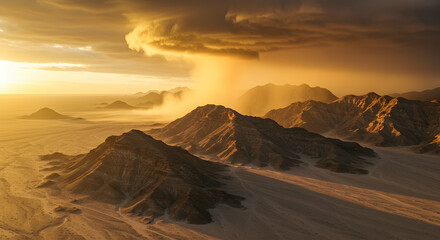 Desert Mountain Range Landscape Under Dramatic Stormy Sky with Golden Sunlight