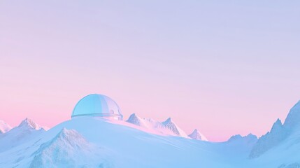 Serene Mountain Landscape with Futuristic Dome Structure Bathed in Soft Pink and Blue Tones, Surrounded by Majestic Snow-Capped Peaks Under a Tranquil Sky