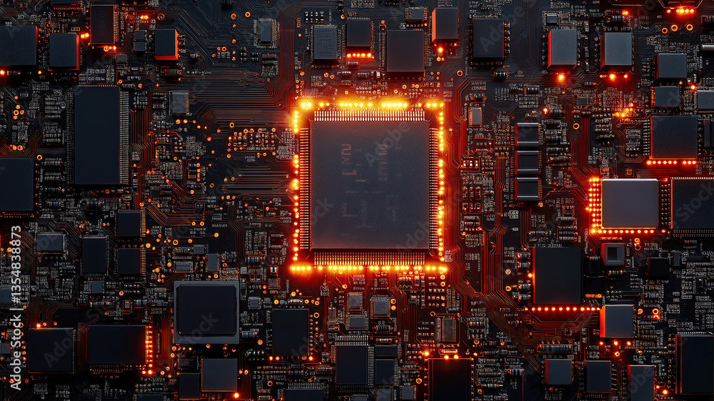 Poster circuit board with electronic computer hardware and digital motherboard chip showcasing tech science