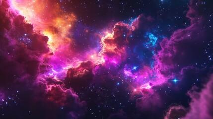 Colorful nebulas and shining stars populate a vibrant cosmic space scene