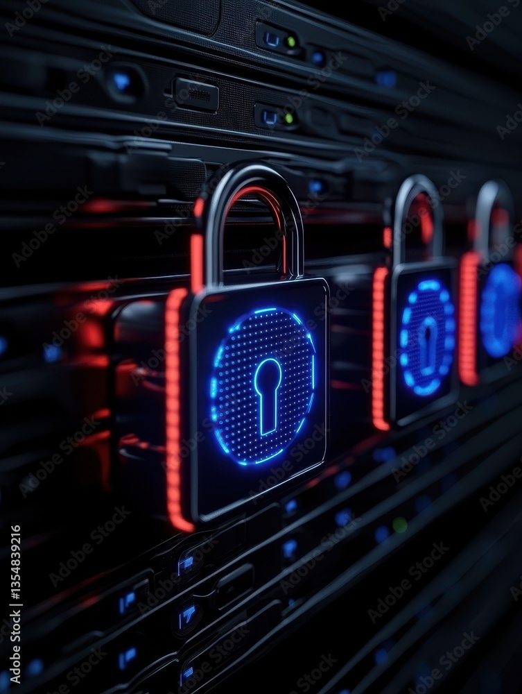 Poster futuristic digital locks on server racks showcasing advanced cybersecurity. secure technology for da