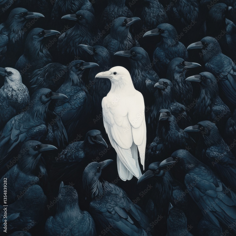 Poster bright white crow stands out among a dense flock of black crows creating a striking visual contrast 