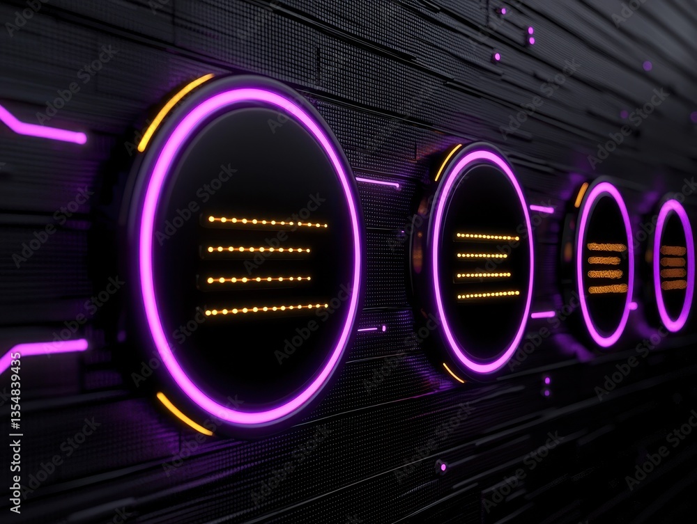 Aufkleber futuristic interface design featuring glowing buttons with neon accents on a textured surface.