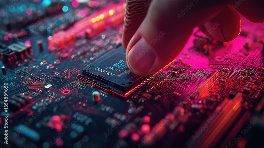 Poster close up of a hand installing a cpu onto a motherboard showcasing precise hardware installation