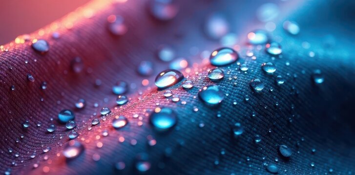 Close-up water droplets on waterproof textile, water repellent, droplet