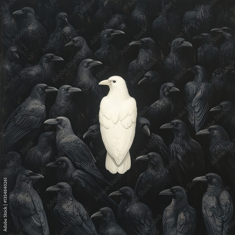 Poster dense flock of black crows with a striking white crow at the center creating a stunning contrast in 