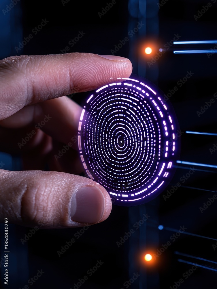 Poster hand holding a luminous circular object, showcasing digital patterns and innovations in technology.