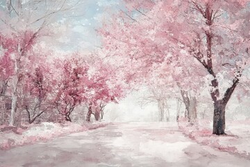 Serene Spring Landscape with Pink Blossoms Illuminating a Misty Road Beneath Glistening Trees, Invoking a Tranquil Atmosphere of Nature's Beauty and Renewal