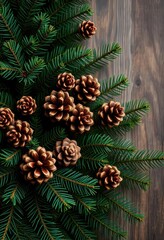 Obraz premium Deep green fir branches and brown pine cones, rustic Christmas background, greenery, outdoors