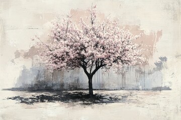 Serene Spring Blossom Tree in Artistic Landscape with Soft Pastel Tones and Textured Background Ideal for Nature and Fine Art Enthusiasts
