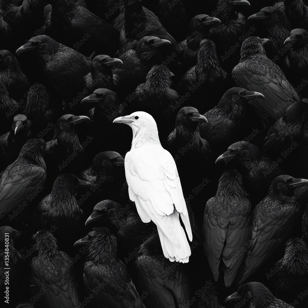 Poster dense flock of crows with a striking white crow standing out against a dark background generative ai