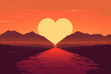 Serene Sunset with Heart-Shaped Sun over Calm Water and Silhouette of Mountains, Inspiring Feelings of Love and Tranquility in Nature's Embrace