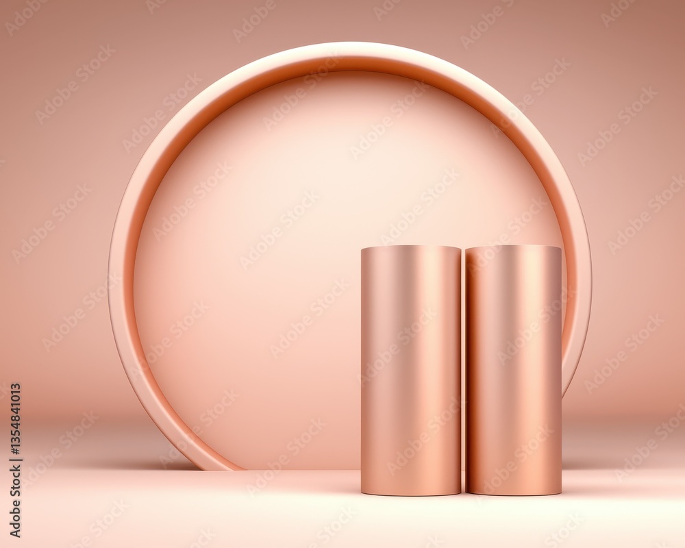 Poster minimalist composition featuring cylindrical shapes and a circular background in soft peach tones.