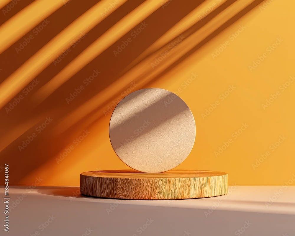 Poster minimalist design featuring a circular object on a wooden base against a vibrant orange backdrop wit