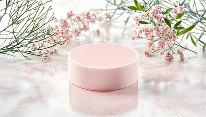 Pink product display with floral backdrop.