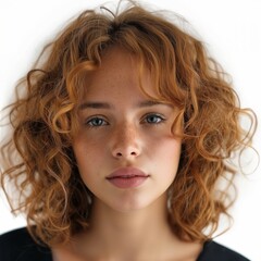 Naklejka premium A young woman with curly auburn hair and freckles gazing thoughtfully at the camera against a light background.