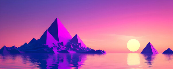 Low-Poly 3D Digital Render. Vibrant  Vapor Wave Themed Colorful Low Poly Landscape for Backgrounds, Backdrops, Wallpaper, Design	