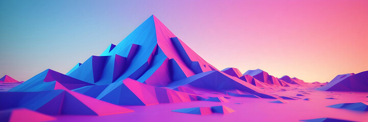 Low-Poly 3D Digital Render. Vibrant  Vapor Wave Themed Colorful Low Poly Landscape for Backgrounds, Backdrops, Wallpaper, Design	