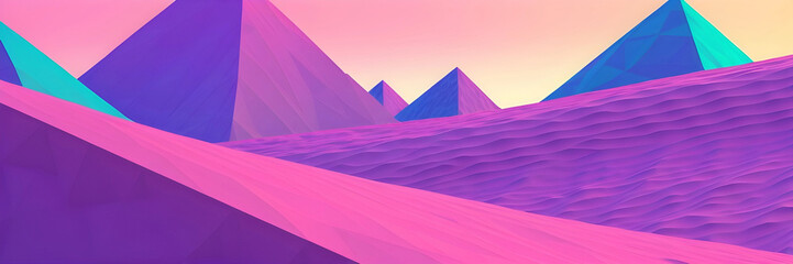 Low-Poly 3D Digital Render. Vibrant  Vapor Wave Themed Colorful Low Poly Landscape for Backgrounds, Backdrops, Wallpaper, Design	