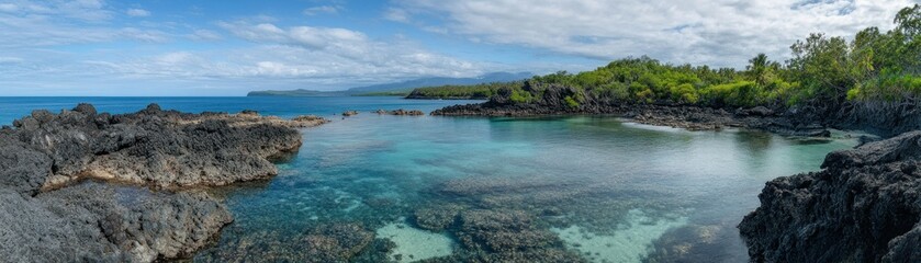 A panoramic photograph showing a scenic ocean cove in daylight