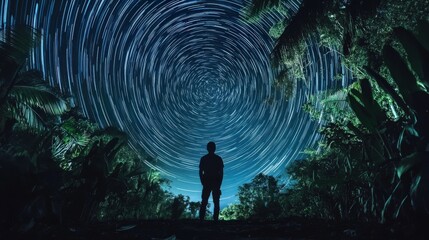 Solitary Figure Gazing at Mesmerizing Star Trails in a Lush Tropical Landscape Under a Midnight Sky Filled with Celestial Wonders and Natural Beauty