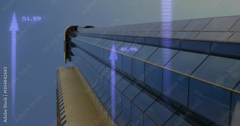 Poster digital data and graphs animating over skyscraper's reflective glass facade