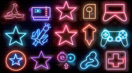 Neon-themed graphic featuring various colorful icons including stars, controllers, and arrows on a grid background