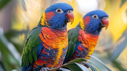 Vibrant parrots perched on leaves