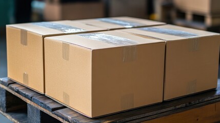 Stacked Brown Paper Boxes on a Wooden Pallet in a Warehouse Setting Ready for Shipping and Distribution in an Industrial Environment