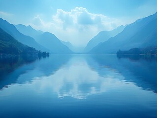 Fototapeta premium Calm lake, mountain reflection, hazy sunrise, peaceful scenery