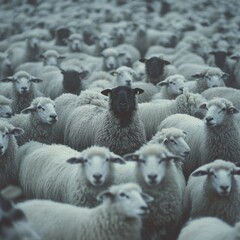 Fototapeta premium Diverse flock features standout black sheep among numerous white sheep in a dramatic, low-light landscape Generative AI