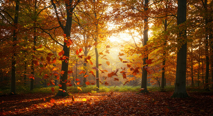 Falling Leaves in Golden Autumn Forest with Sunlight Streaming Through