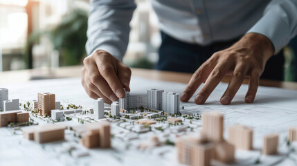 Fototapeta premium Shaping the Future â A planner carefully outlines key locations on a city blueprint, balancing modern homes and commercial areas, visualizing urban expansion.