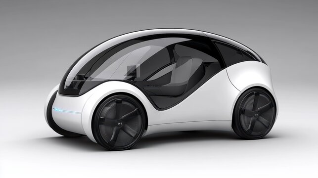 Futuristic white electric car design, sleek, compact, and modern.