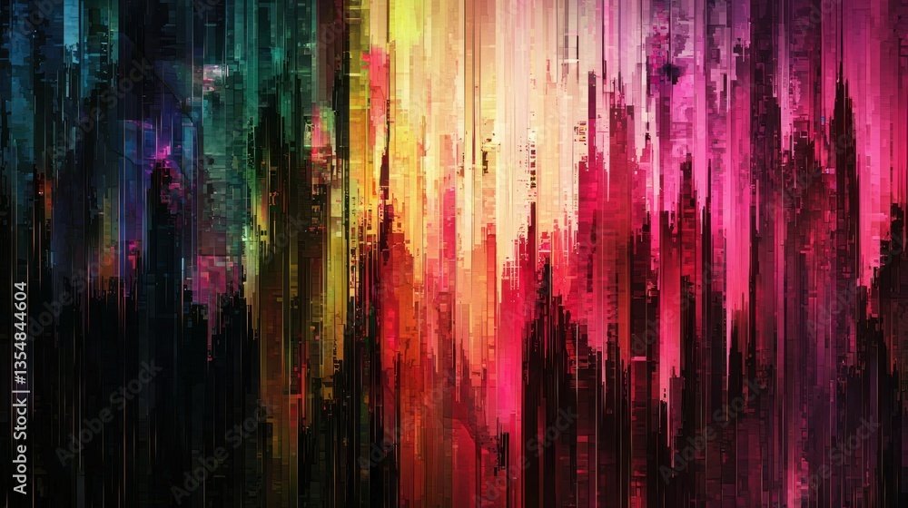 Poster a surreal blend of glitch effects, pixelated distortions, and soft color gradients, creating an illu