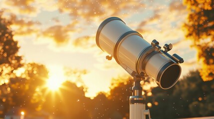 Stunning telescope positioned against a vibrant sunset, illuminating the sky with hues of orange and gold, perfect for astronomy enthusiasts and nature lovers alike.