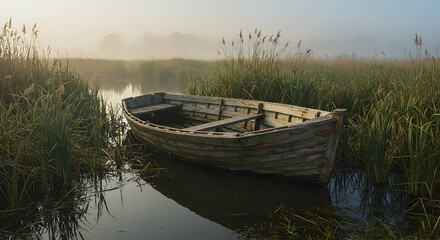Obraz premium Old Wooden Boat on Calm Waterway Surrounded by Tall Grass