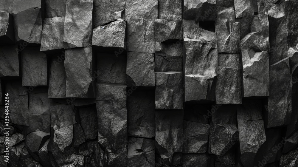 Poster abstract black and white texture of jagged stone formations, showcasing intricate patterns and shado