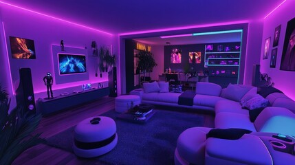 Modern living room with futuristic design and ambient colorful lighting