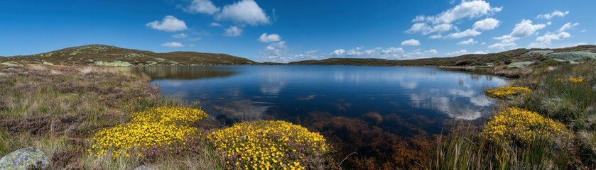 A beautiful panoramic view of a lake with surrounding hills