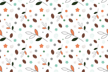 A stylish vector pattern featuring coffee beans, leaves, and abstract elements. Perfect for packaging, textiles, postcards, and interior design. Vector illustration EPS10.