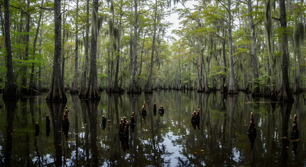 Trees in Tranquil Swamp Reflecting in Dark Water with Cypress Knees