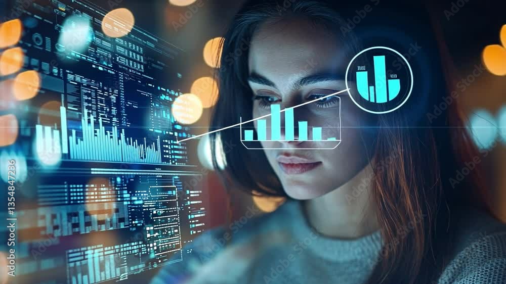 Poster decoding data: a young woman immersed in a high-tech interface, visualizing complex data streams wit