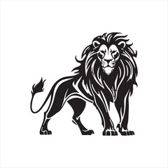 Obraz premium Majestic Lion Standing Vector Illustration,Black and White Lion Line Art Design,Fierce Lion Silhouette with Detailed Mane,tribal Style Lion Artwork for Logo