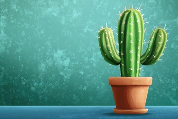 Vibrant Green Cactus in Clay Pot Against Textured Turquoise Background for Home Decor and Interior Design Concepts