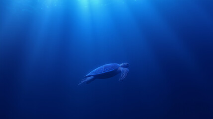 Fototapeta premium Sea Turtle Swimming Gracefully Underwater with Sun Rays Shining Through the Ocean Surface 