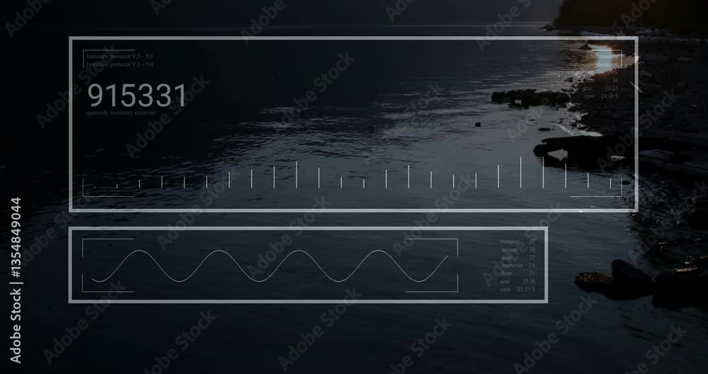 Poster animation of graphs and numbers overlaying serene lake at dusk, data visualization