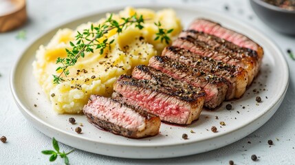 Sliced steak and mashed potatoes on plate, garnished with thyme, light background