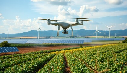 Drone Flying Over Crops, Solar Panels and Wind Turbines in a Picturesque Field